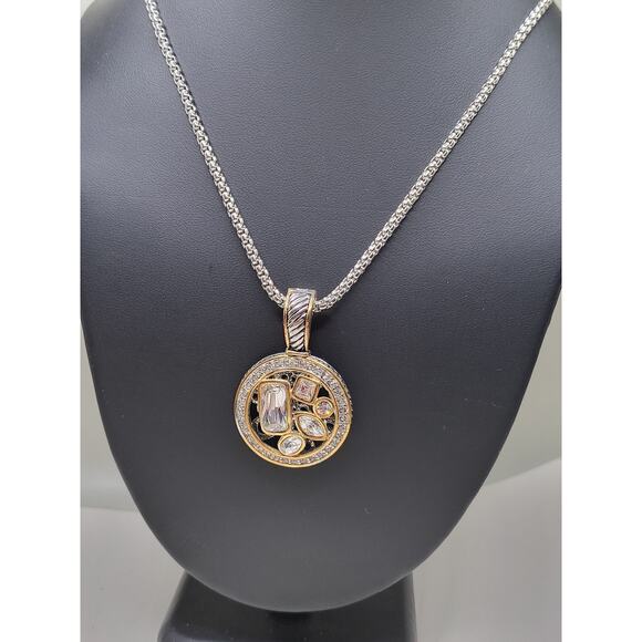 Vintage Two-Tone Pendant Necklace w/ Clear Stones & Adjustable Chain - Picture 2 of 11